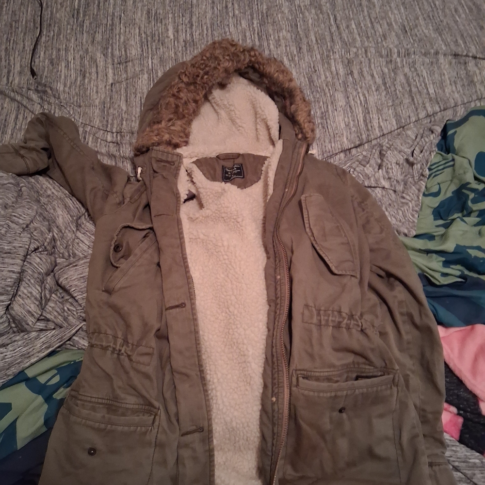 Abercrombie & Fitch Khaki Hooded Leather Jacket